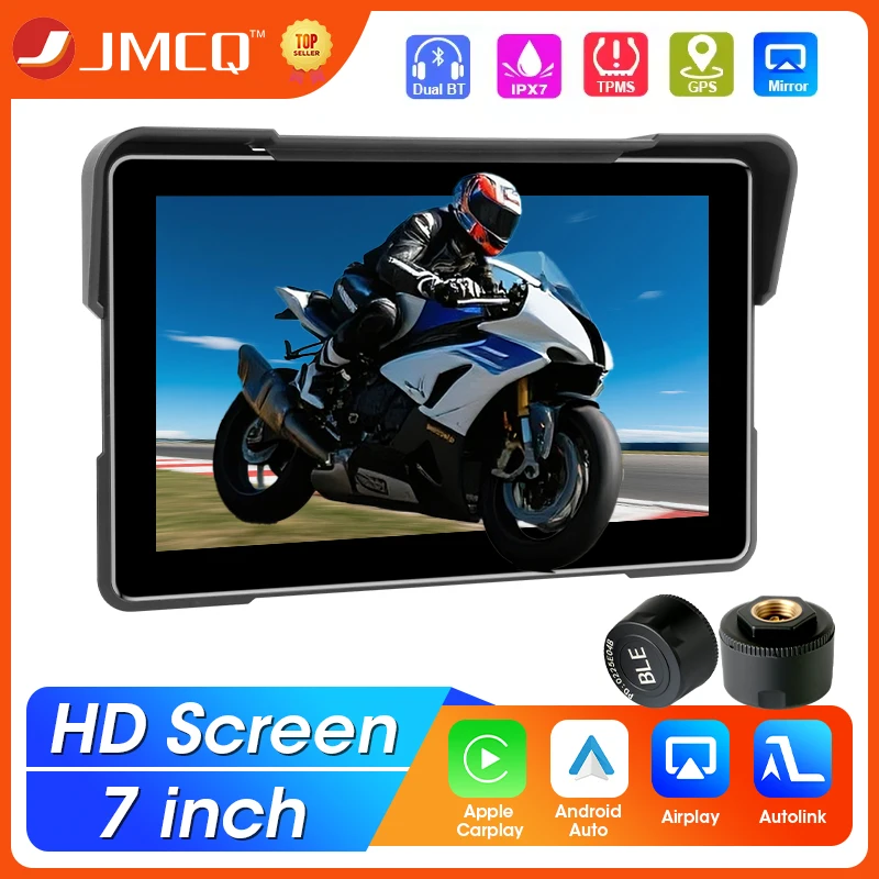

JMCQ Portable 7 inch IP67 Waterproof Motorcycle GPS Navigation Wireless Carplay Android Auto Display WIFI BT Motorbike Monitor