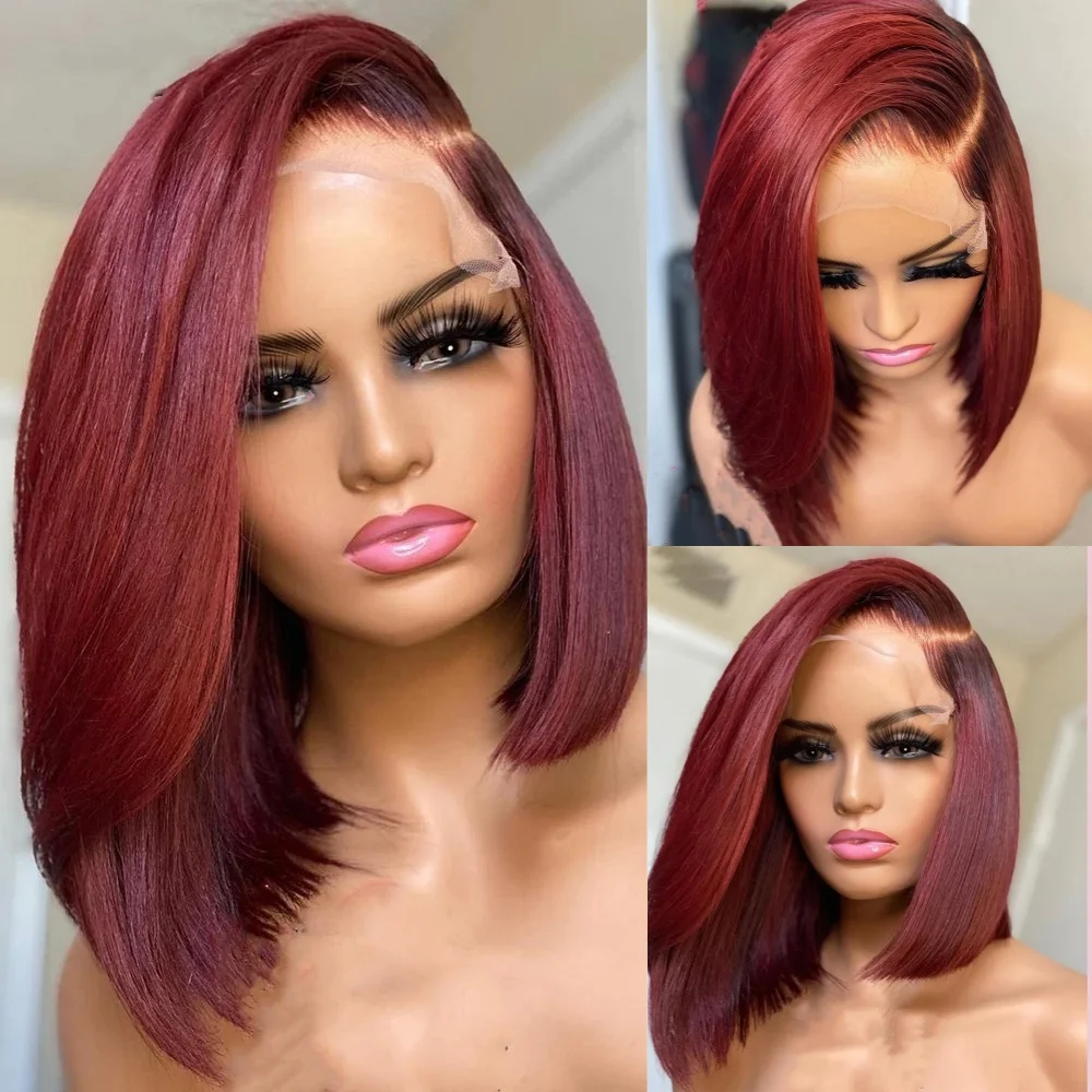 

99J Burgundy Bob Wig 13x4 HD Transparent Lace Front Glueless Wigs Pre Plucked 200% Density Short Straight Bob Wigs for Women Use