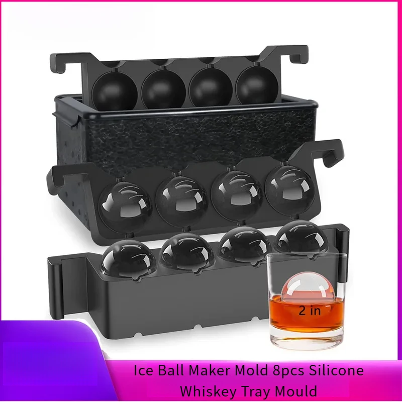 Eco-Friendly Clear Ice Ball Maker Mold 8pcs Silicone Whiskey Tray Mould Bubble-Free Cube Maker 2 Inch Box Mould