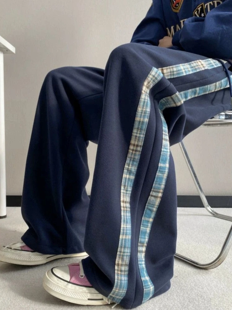 Splicing Plaid Men's Sweatpants Loose Sport Elegant Autumn Winter Trousers High Quality Retro Casual Korean Male Sports Pants