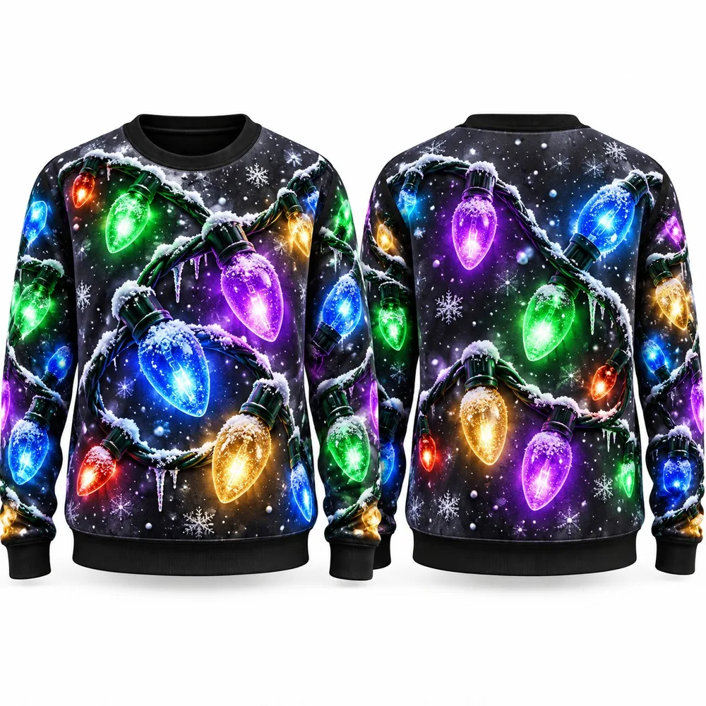 New Christmas Lights Ugly Christmas Sweater for Men Women Festive Holiday Party Crewneck Pullover Long Sleeve Funny Sweaters
