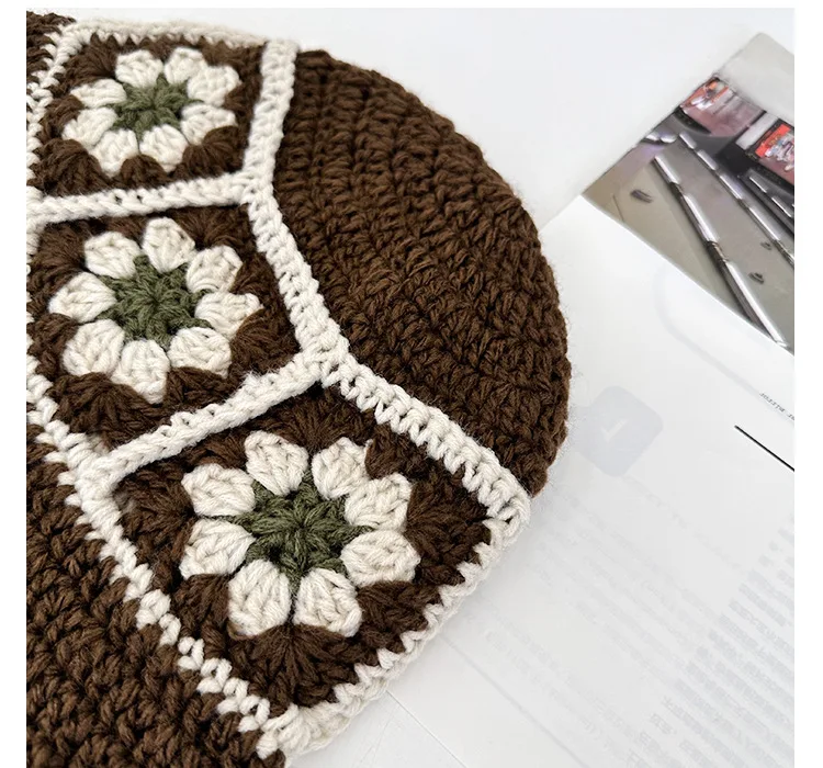 2025 herbst Neue Häkeln Koreanische Handgemachte Eimer Hut Frauen Weben Gestrickte Hut Y2k Mode Blumen Herbst Winter Mützen Becken Kappe – Detail 6