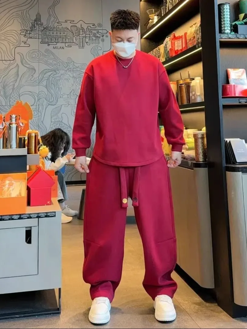 

Зимний повседневный комплект с вышивкой и флисовой подкладкой для мужчин: модный свитшот с круглым вырезом и прямые брюки, спортивный костюм из двух предметов