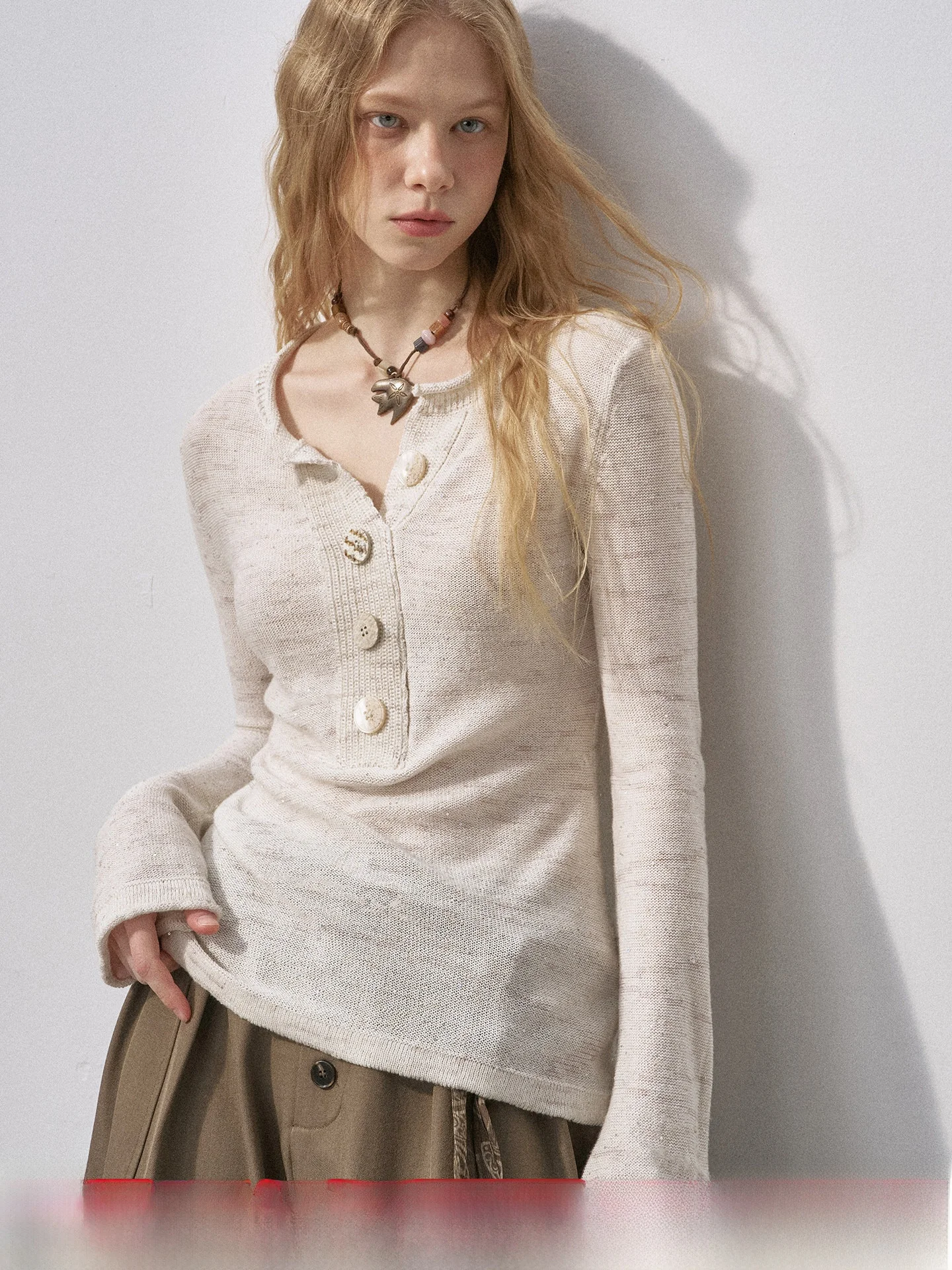 

DIDDI MODA Thickened Henry Collar Knitted Base Shirt Women's Loose Fit Autumn Winter Sweater Shiny Sequin Long Sleeve Top