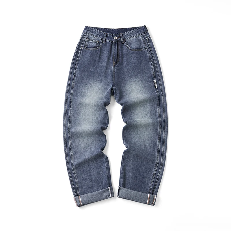 

Wide Leg Jeans Men Baggy Pants Straight Cut Loose Fit Blue Male Denim Pants Streetwear Men's Clothing Fashion Side Striped