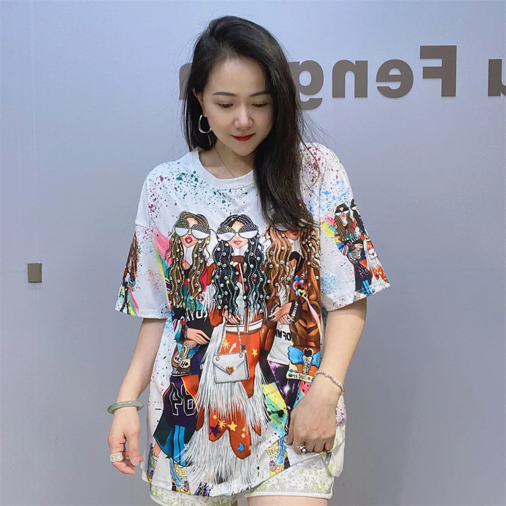 

2024 Fashion Printed T Shirts for Women Summer Clothes Casual Colorful Character Diamonds Beading Female Short Sleeve Tops Tee