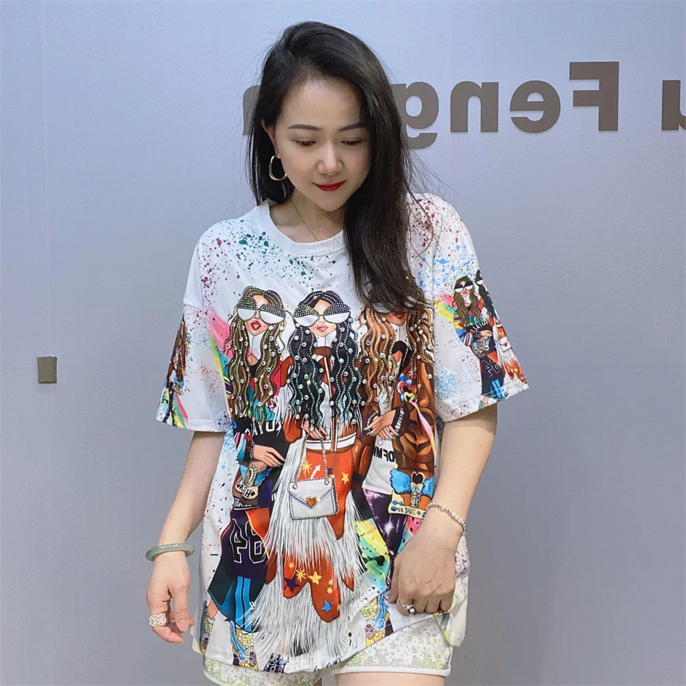 2024 Fashion Printed T Shirts for Women Summer Clothes Casual Colorful Character Diamonds Beading Female Short Sleeve Tops Tee