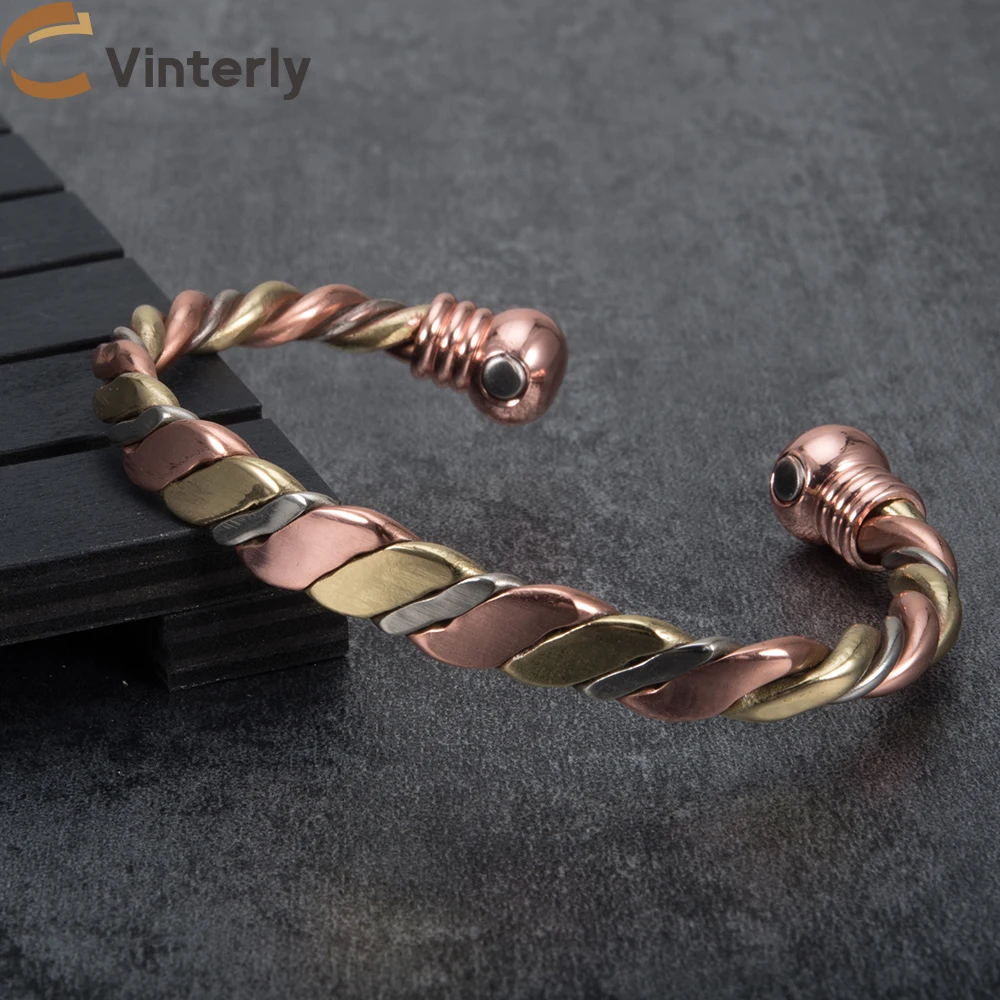 Vinterly Magnetic Bracelet Pure Copper Ball Rose Gold-color Open Cuff Adjustable Bangles for Women Twisted High Magnet Jewelry