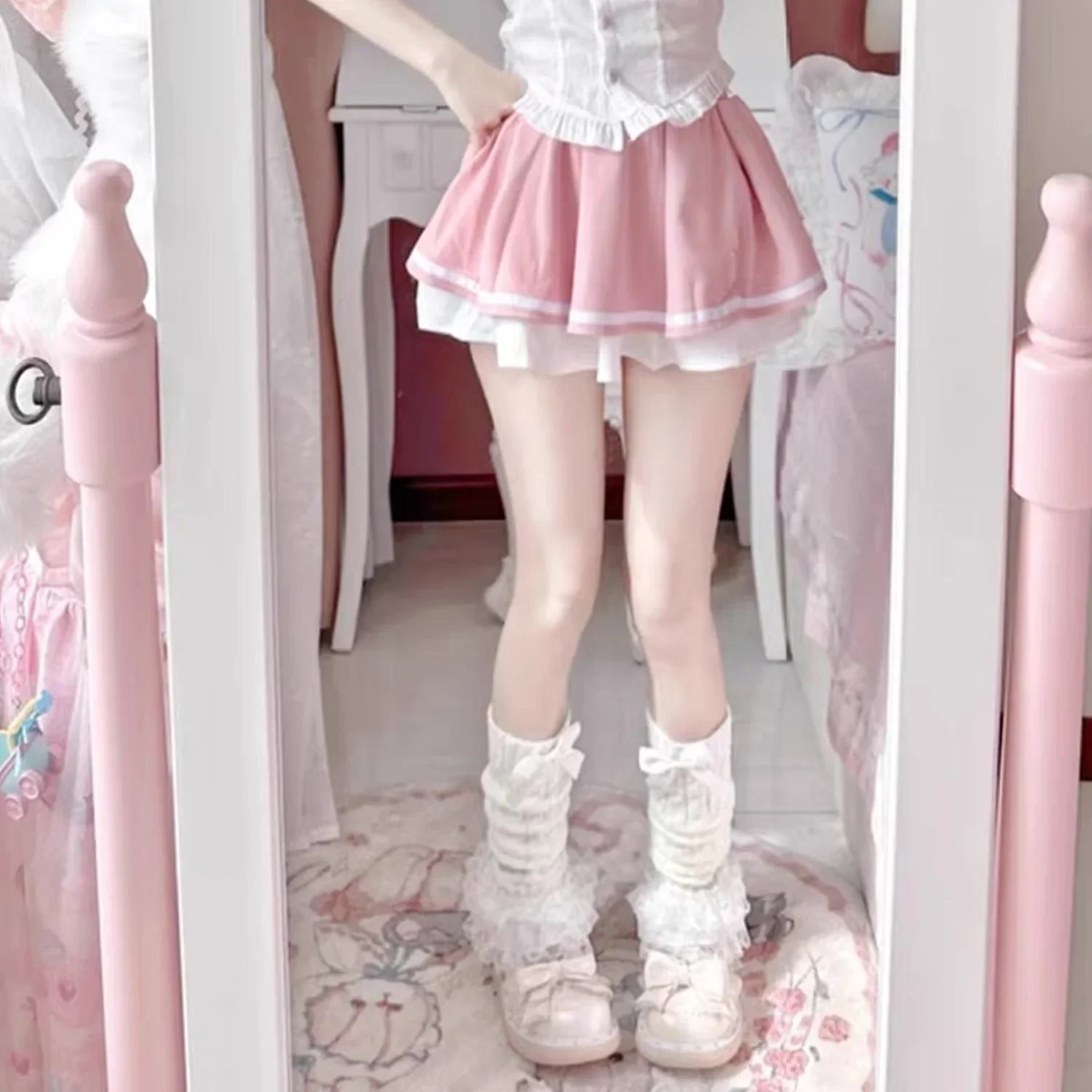 Coréen doux filles dentelle jambières tricoté couvre-pied femmes filles Style Lolita solide automne hiver élastique Tube chaussettes avec arc