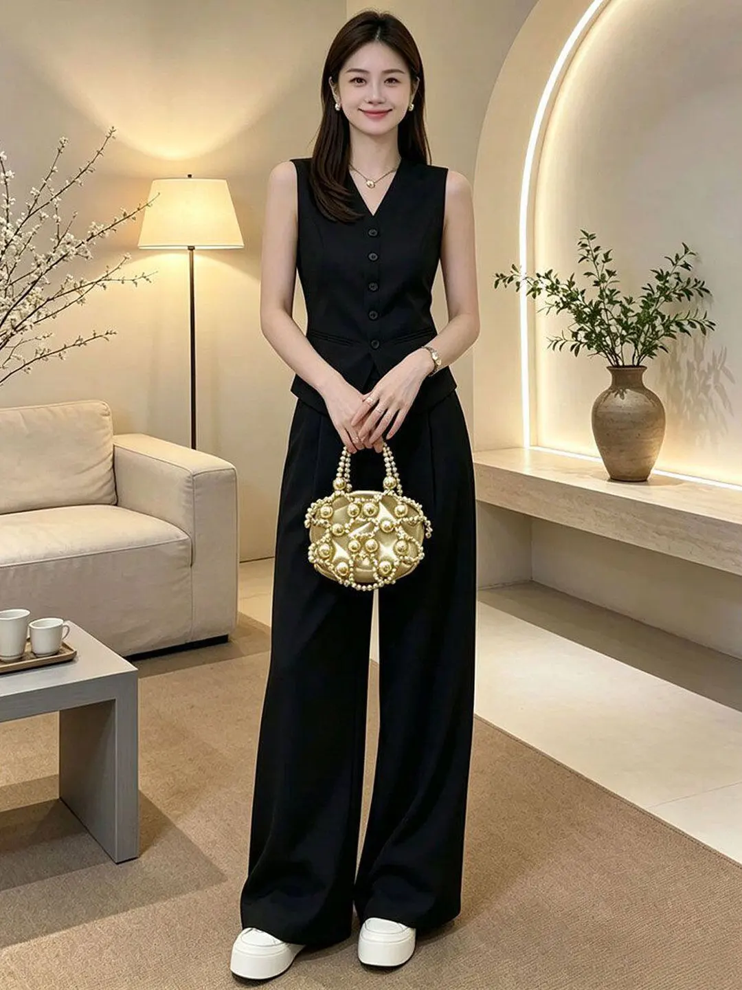 

Slimming Effectiveness Summer Outfit Women's V-neck Sleeveless Tank Top Wide Leg Pants Two-piece Set Black Commuting Wear