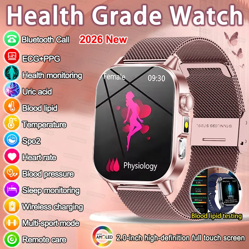 

2026 Новая умная диагностика ЭКГ + PPG Смарт-часы Защита здоровья Липиды в крови Мочевая кислота Сердечный ритм HD Вызов Android и IOS для женщин