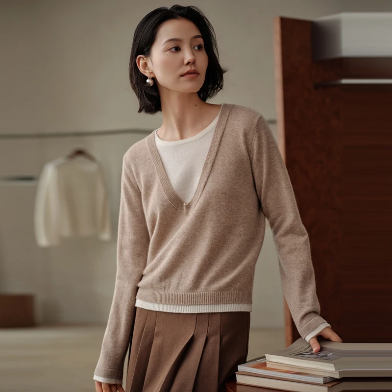 

Женский свитер из 100% кашемира с v-образным вырезом, искусственный пуловер из двух предметов, вязаный кашемировый вязаный свитер в стиле ретро, осенне-зимняя одежда