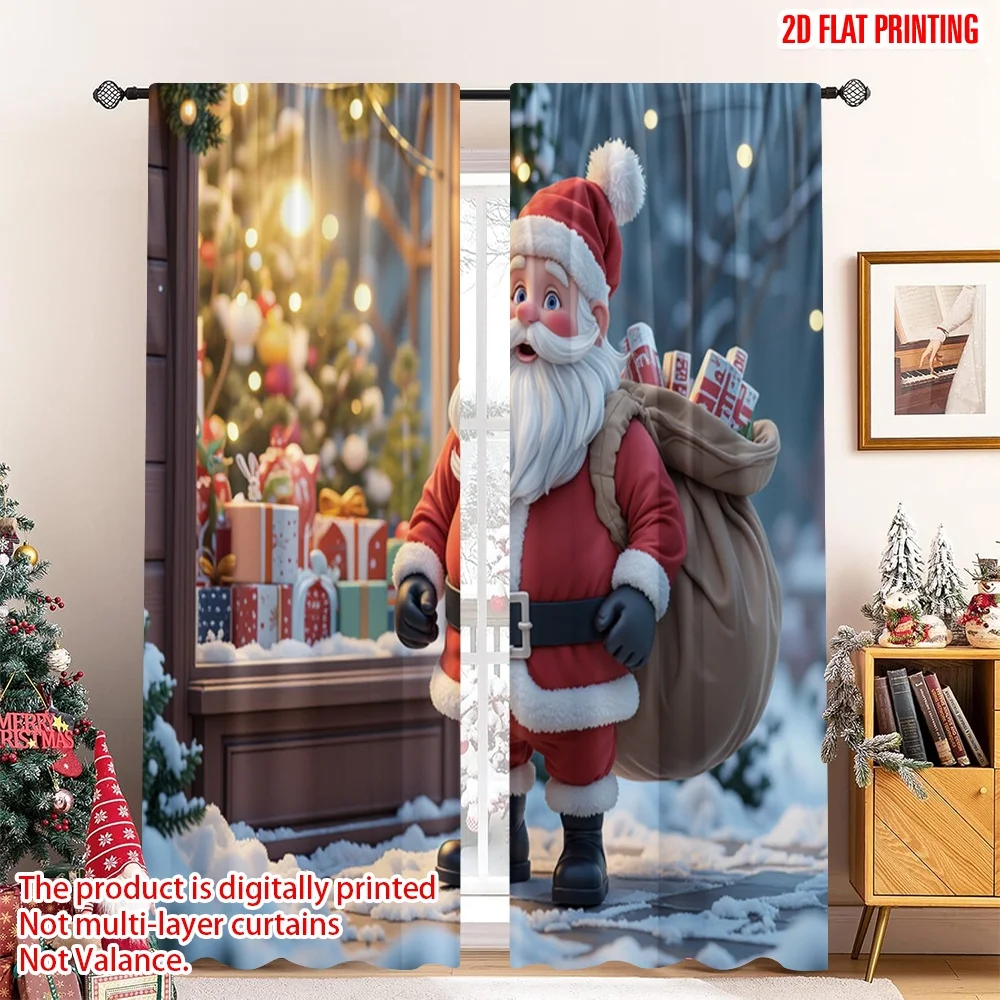 

2pcs 2D flat printing Christmas Curtains Santa Claus Gifts Festive Joy 100% Polyester Without Electricity Festive Wall Decor for