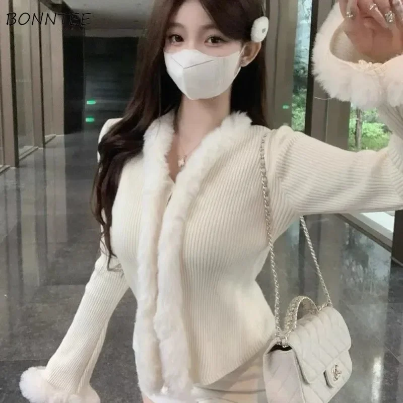 Long Flare Sleeve Sweater Women Fluffy Button-up Slim Casual Knitted Cardigan Sexy Streetwear All-match Soft High Quality Gentle