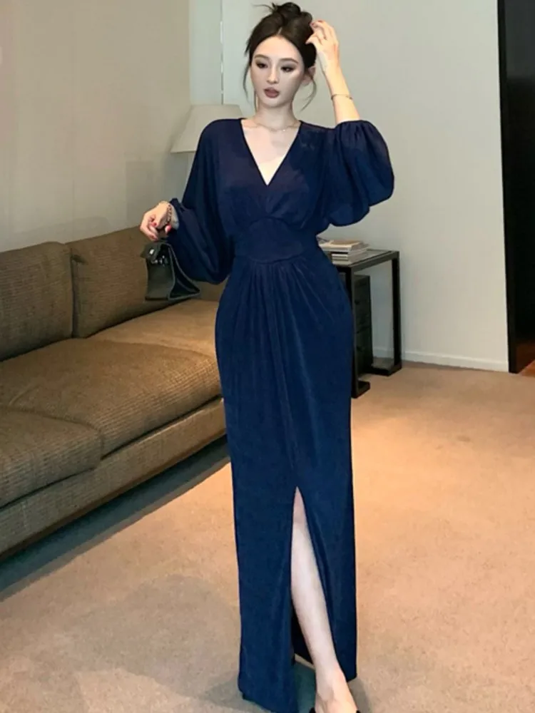 

Autumn Women Long Sleeves V Neck Dresses For Wedding Evening Formal Dress Sexy Long Prom Female Clothes Long Vestidos New