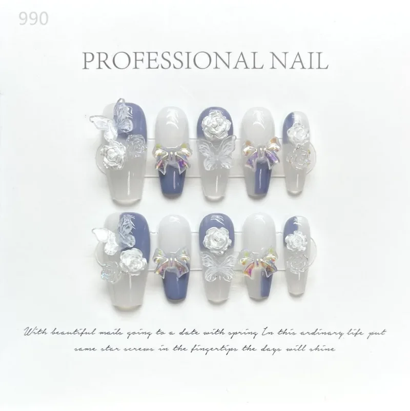 10st Vintage luxe lange Franse balletnagels 3D Camellia bloem kristal handgemaakte pers op nagels draagbaar volledige dekking nageltip