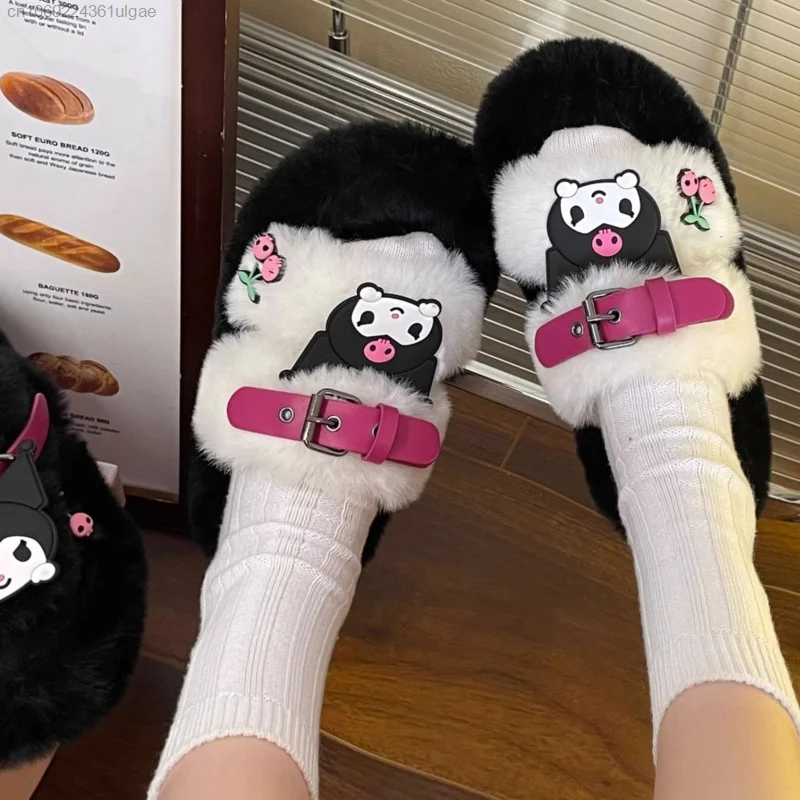 Sanrio Kuromi New Trend Fuzzy Slippers Y2k Girl Korean Fashion Thick Sole Shoes Women Cute Warm Plush Slippers Home Cotton Shoes