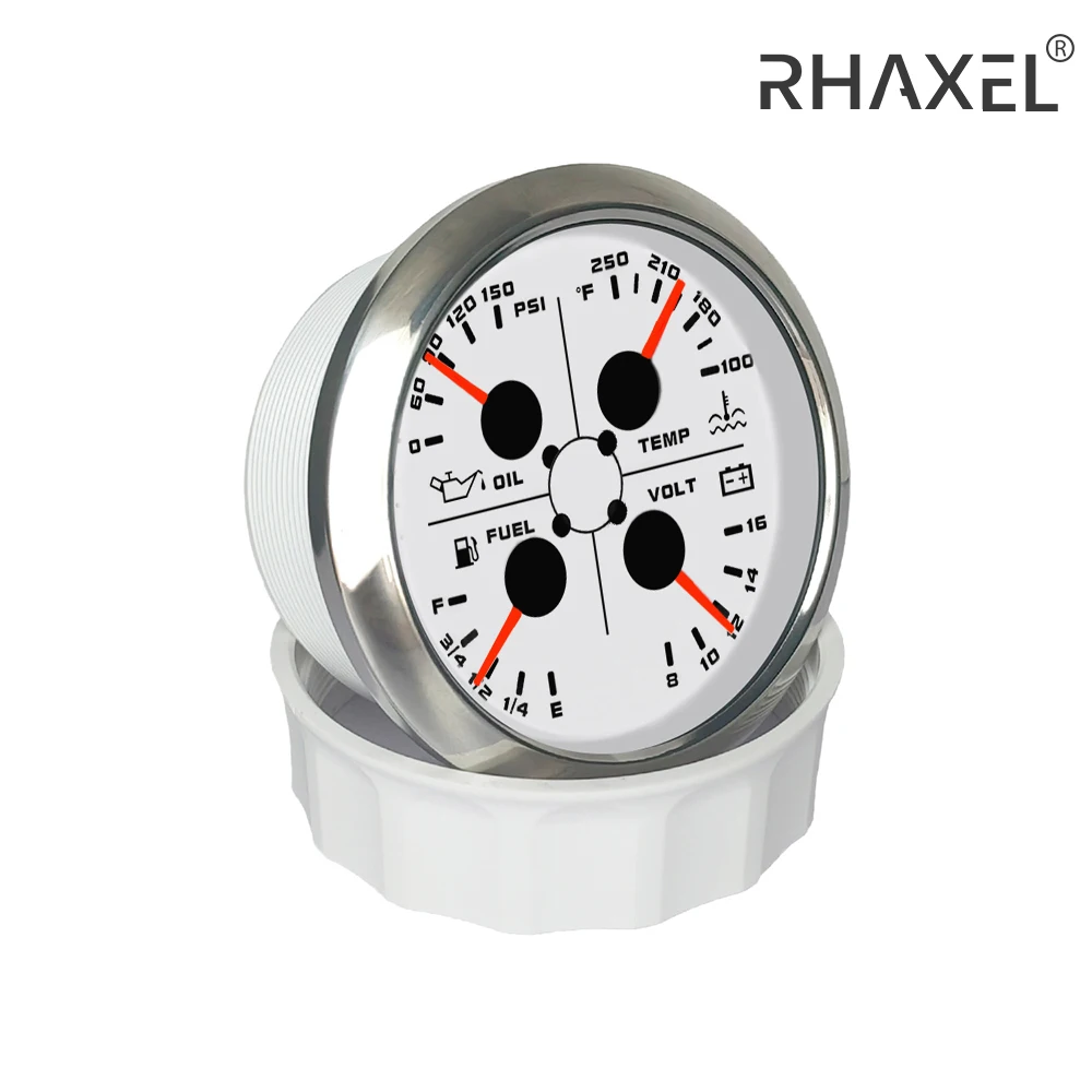 RHAXEL 3 3/8'' Motorcycle 4in1 Multi-Function Gauge Fuel Level Water Temperature Oil Pressure Voltmeter 12V for Racing Vessels