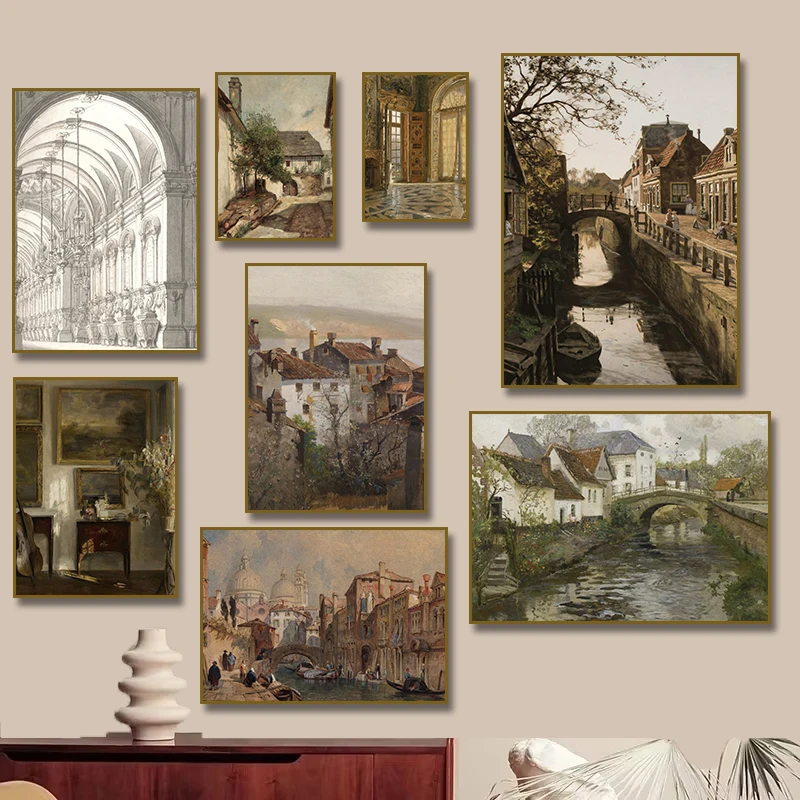 European Village Rooftops Bridge Italian Cityscape French Architecture Poster Canvas Painting Print Rustic Country Home Decor