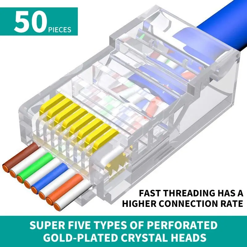 50 PCs RJ45 Connector Cat6 Connector Network Unshielded RJ45 Perforated Crystal Head Network Cable