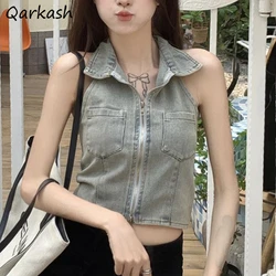 Denim Crop Tops Tanks Women Sexy Slim Streetwear Cool Summer Vintage Casual Clothing Girl Aesthetic Daily Temper Pocket Minority