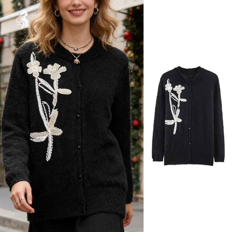 

Women's Black Knit Cardigan with White Floral Embroidery - Elegant Button-Front Long Sleeve Sweater for Casual & Formal