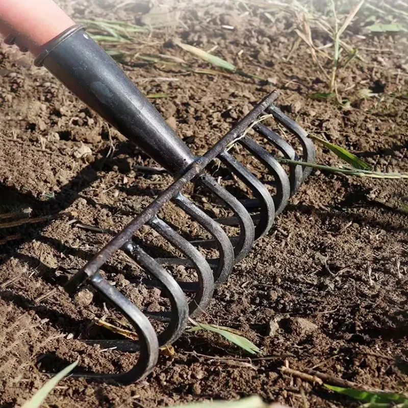 Manganese Steel 9-Tooth Garden Rake, Heavy Duty Multifunctional Labor-Saving Agricultural Tool for Yard Soil Loosening & Weeding