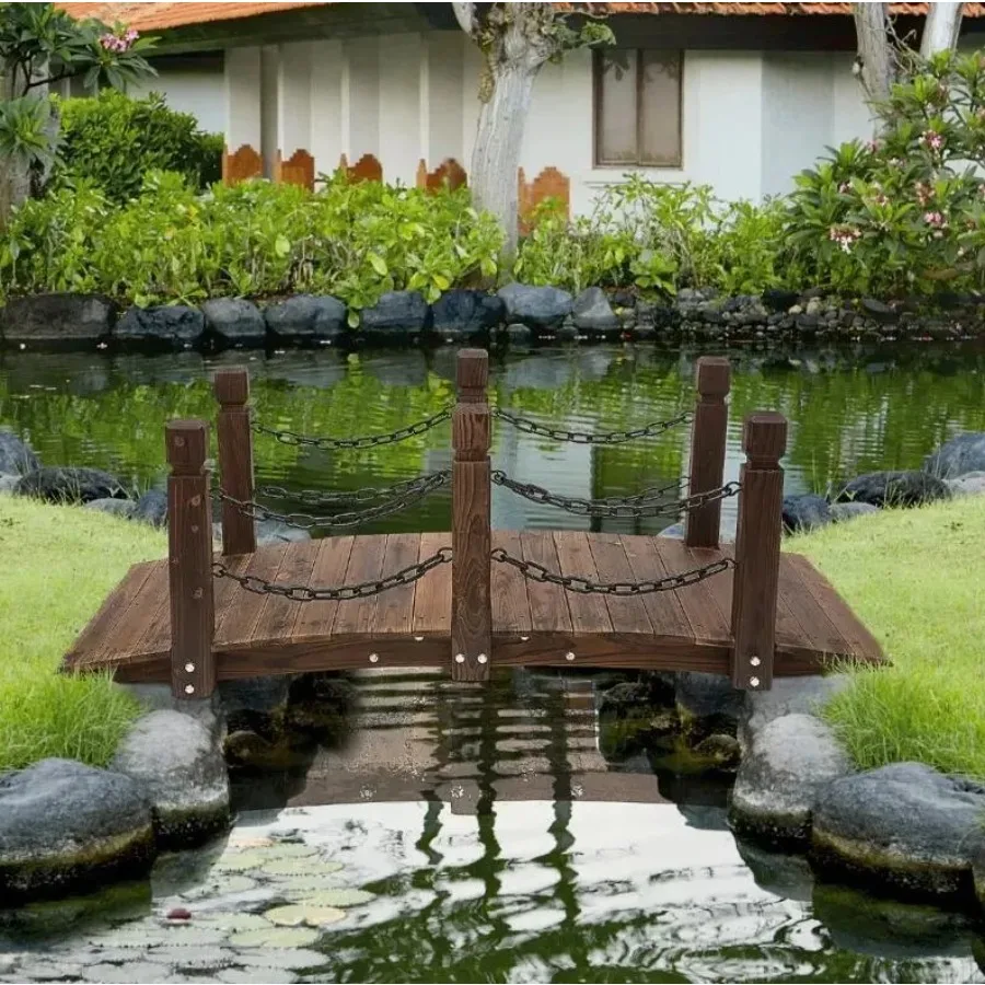 

Wooden Garden Bridge Arc Stained Finish Walkway with Metal Chain Railings