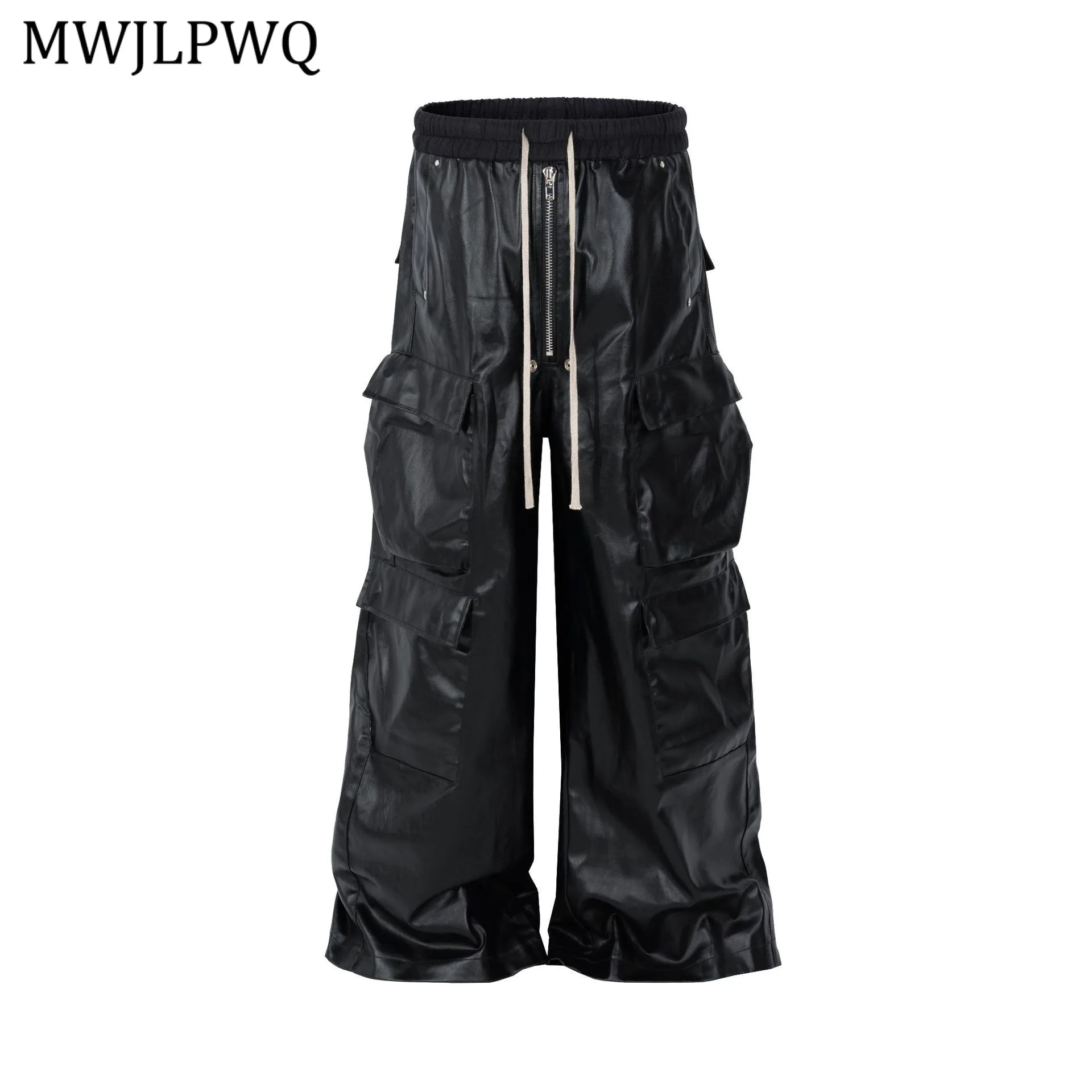 

MWJLPWQ Trendy American Street Style RO Cargo Trousers Men Faux Leather Layered Three-Dimensional Pockets Wide-Leg Pants 20836