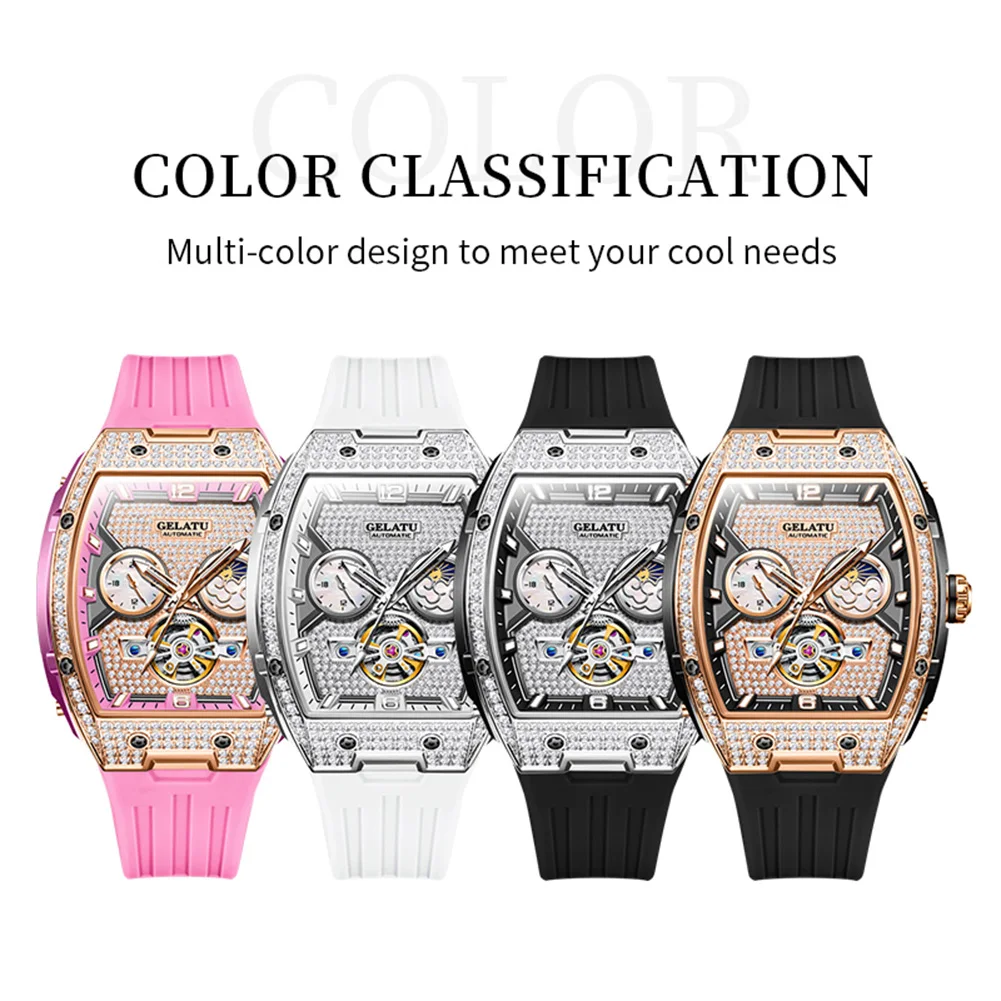 GELATU 6016 Original Luxury Full Diamond Automatic Mechanical Watch for Ladies 52mm Big Face Waterproof Multifunctional Watch