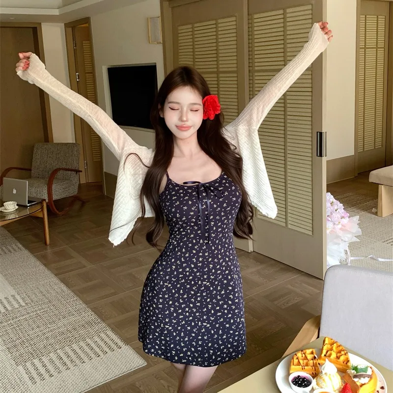 

Floral Print Dress with Knitted Cover up Women's Summer Outfit Two Piece Set Long Sleeve V Neck French Style Knitted Top