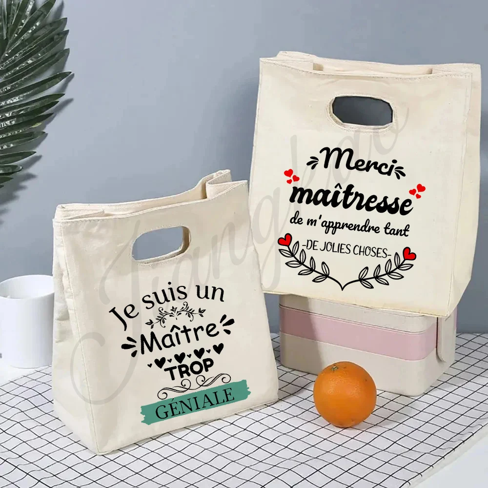 Merci Maitresse Maitre French Printed Lunch Bag Insulated Cooler Bento Tote Thermal Food Bags Teacher's Day Gift for Teachers