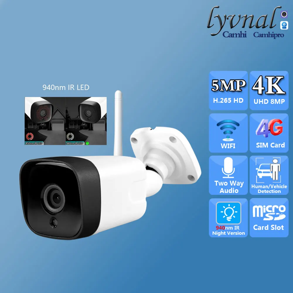 

3G 4G SIM Card HD 8MP 4K Bullet Wireless Security IP Camera Wifi Two Way Audio 940nm Invisible IR Led Outdoor Waterproof With SD