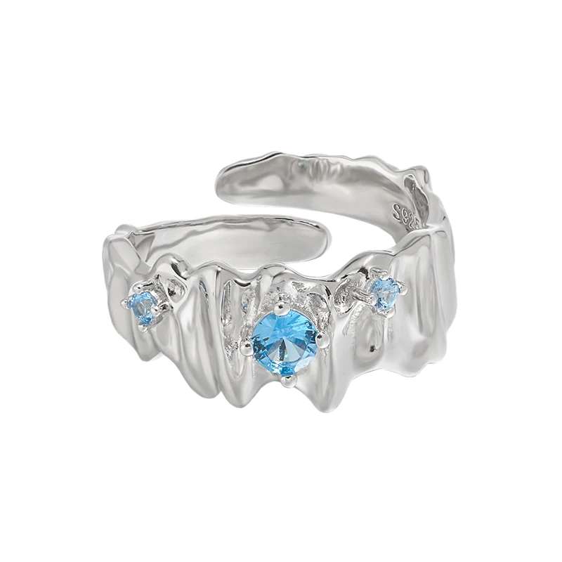 

Irregular fold design personality inlaid with blue zircon S925 sterling silver ring