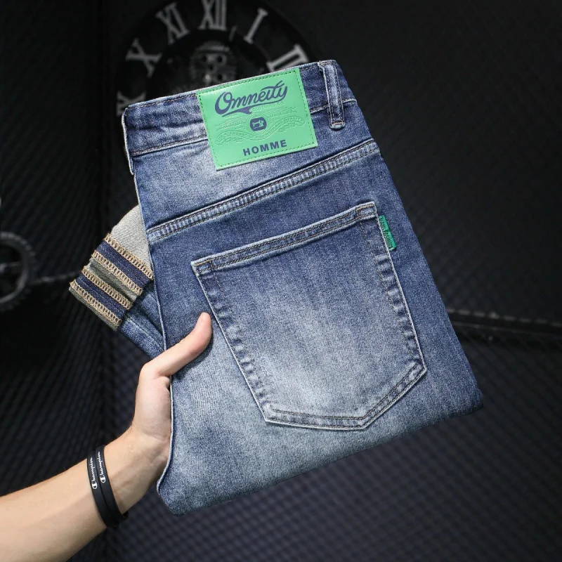 High-End Printed Design Blue Jeans Men's Slim-Fitting Small Straight Fashionable All-Match Embroidered Stretch Men's Trousers