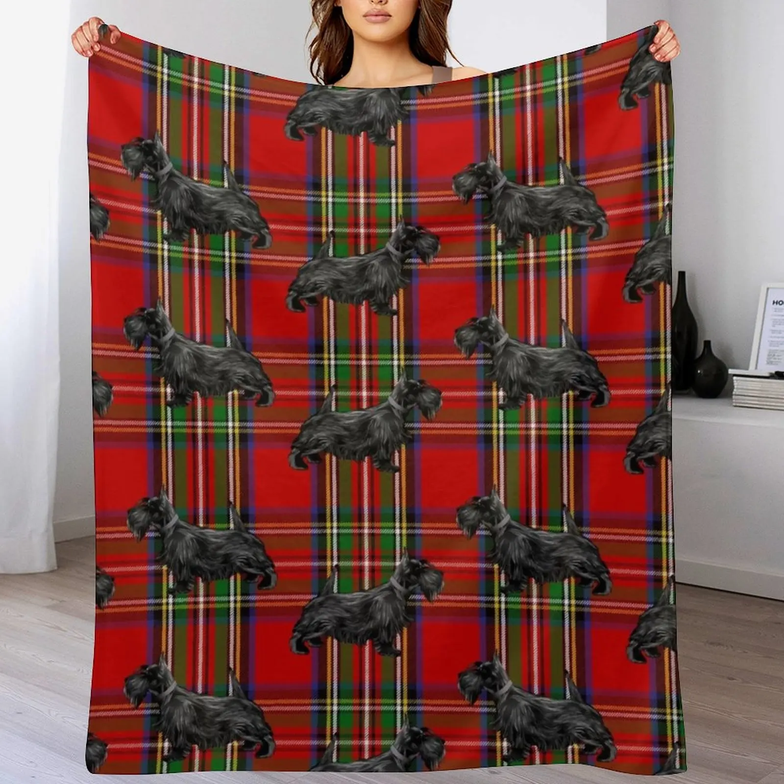 

Scottie Dog on Red Scottish Tartan Throw Blanket Bed Fashionable Personalized Gift Blankets