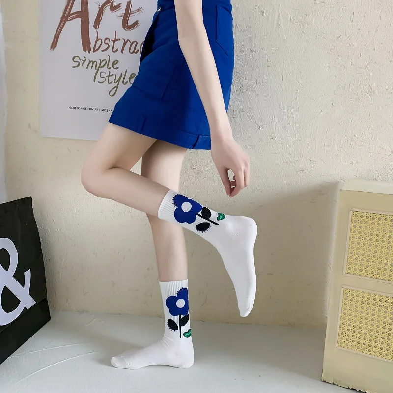 2023 Autunmn Women Sweet Korean Fashion Stitch Stockings Children Girls Blue Floral Print Japanese Kawaii Cute High Long Socks