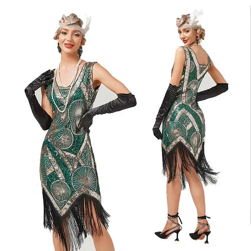 Abiti da donna con paillettes in rilievo Art Deco Flapper 20s Great Gatsby Party Fringe Dress con scollo a v senza maniche ricamo Midi Dress