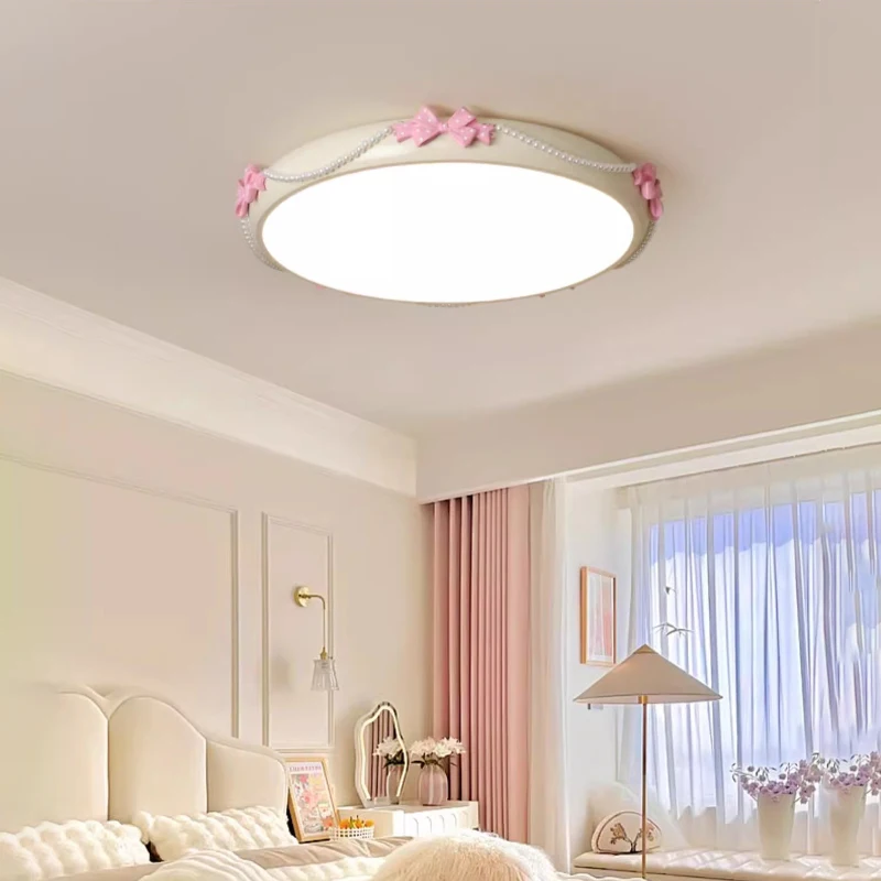 French Cream Style Princess Room Children's Room Ceiling Lamps Pink Bow Pearl Creative Romantic Warm Girl Bedroom Ceiling Lights