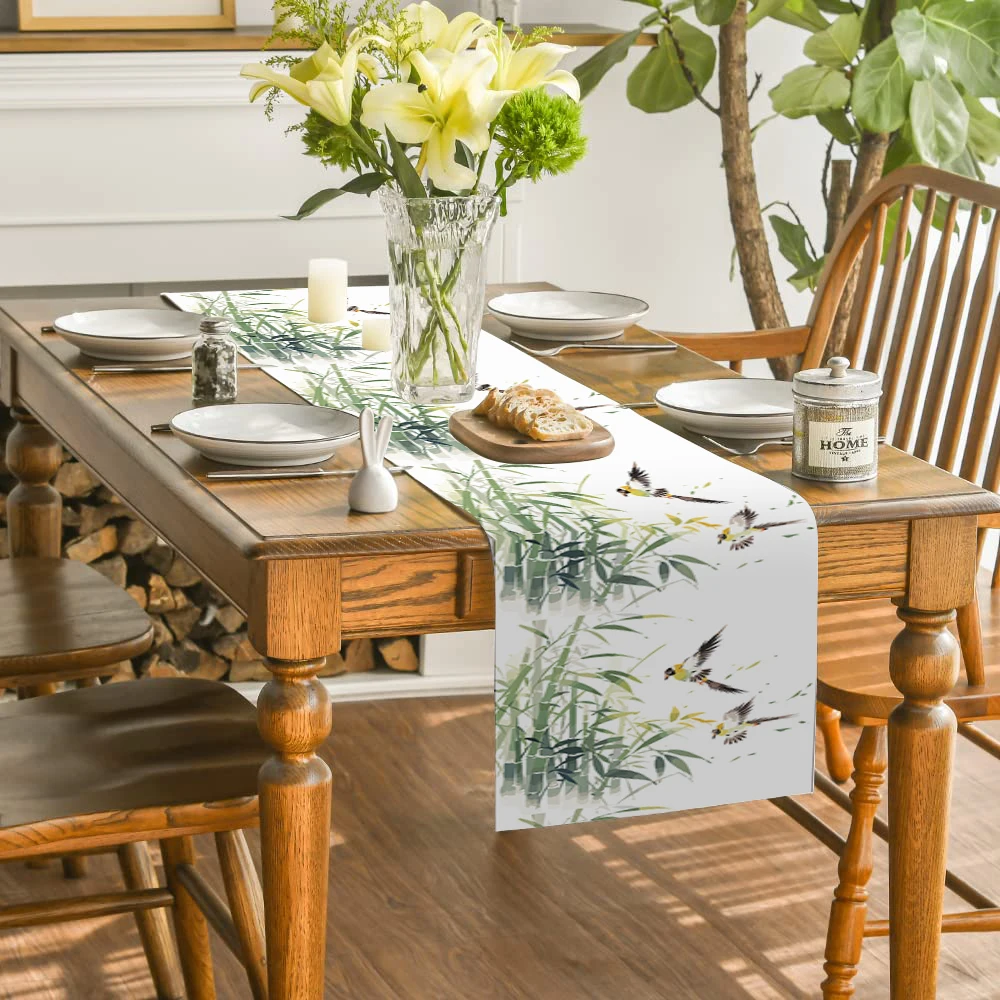 Ink Chinese Plant Bird Bamboo Table Runner comò Table Decor cucina lavabile tavolo da pranzo Runner Party Decor