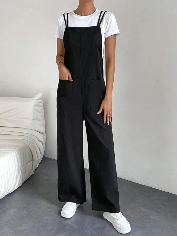 Fashion Casual Women\'s Soild Black Color Pants Pocket Double Shoulder Thin Shoulder Straight Overalls Wide-leg Long Pants