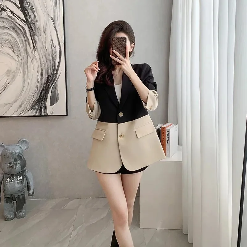 Women\'s Overcoat Fashion Design Sense Niche Contrast Stitching Suit Jacket Female Autumn 2026New Outerwear Casual Blazer Coat
