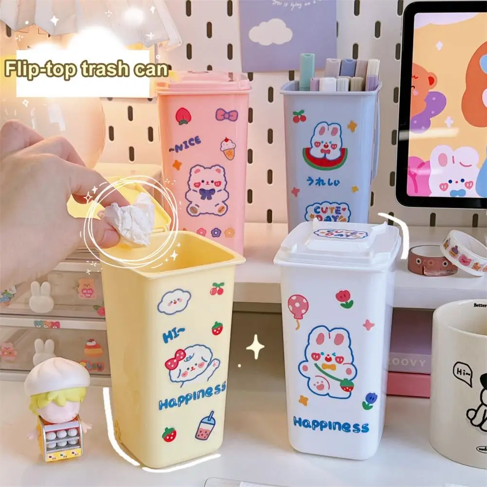 Kawaii Sticker Pencil Holder Cartoon Cute Pen Container Mini Desktop Trash Can Makeup Brush Holder Pen Storage Box Stationery