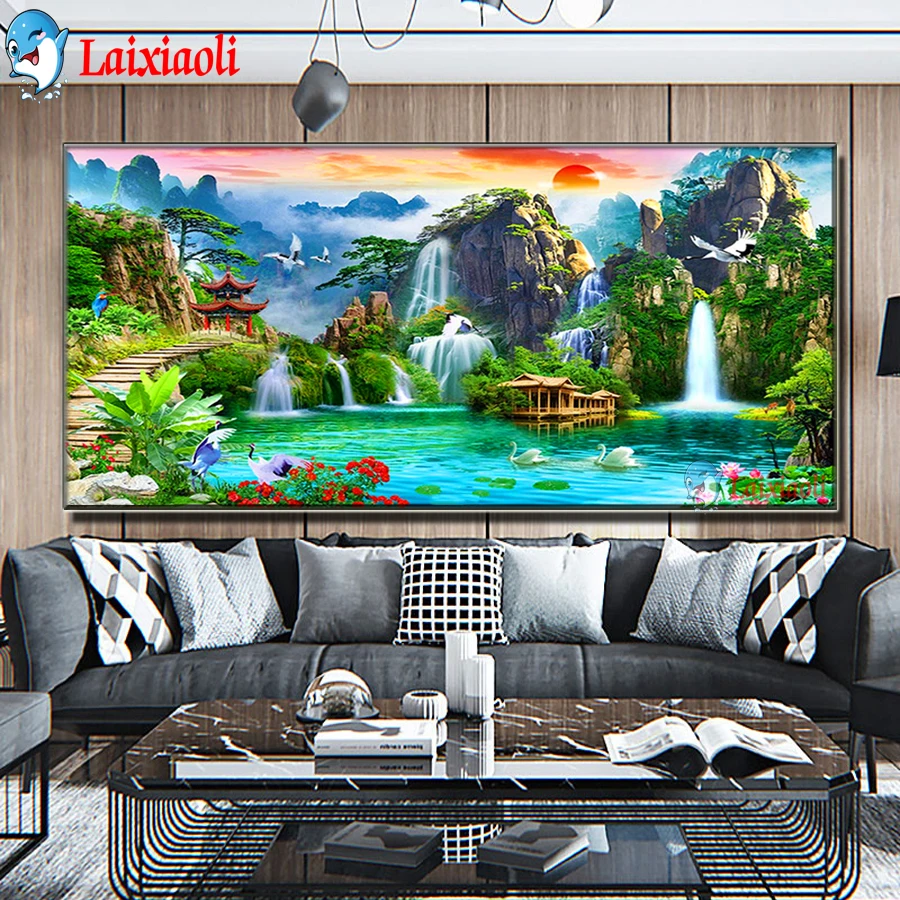 large size 5d diy diamond embroidery waterfall & mountain lake crane landscape full diamond painting Feng shui painting decor