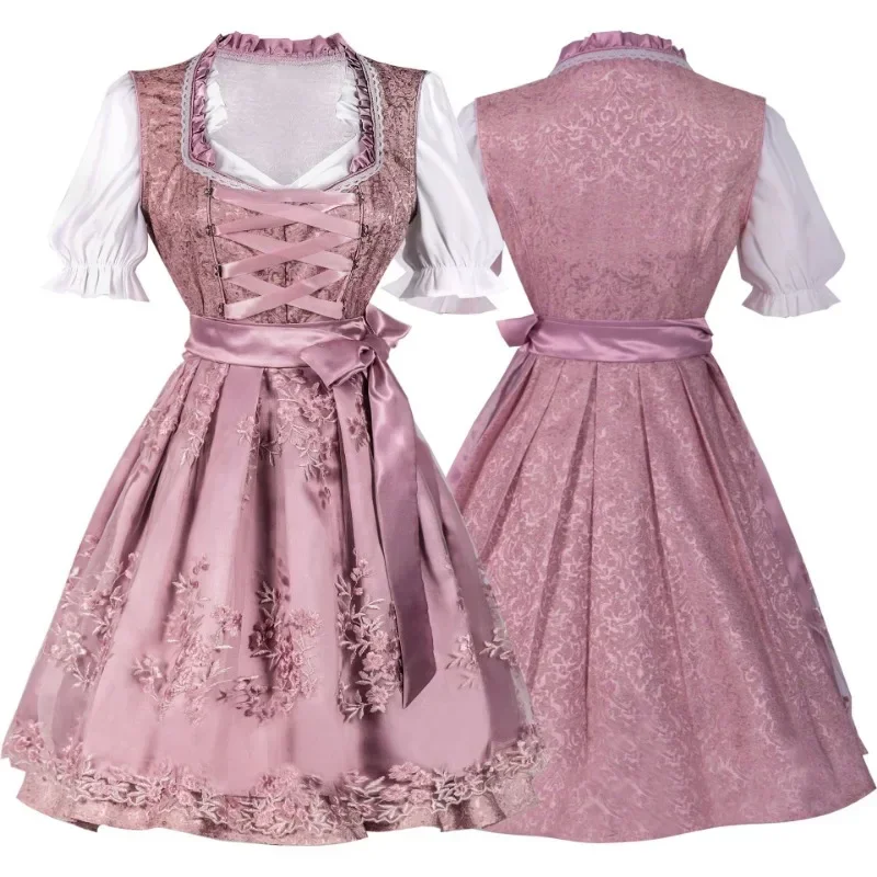 

Women's Hot Pink Long Dress Floral Puff Sleeve Oktoberfest Clothes Women Dresses Lace Up Sweetheart Lolita Cosplay Costumes