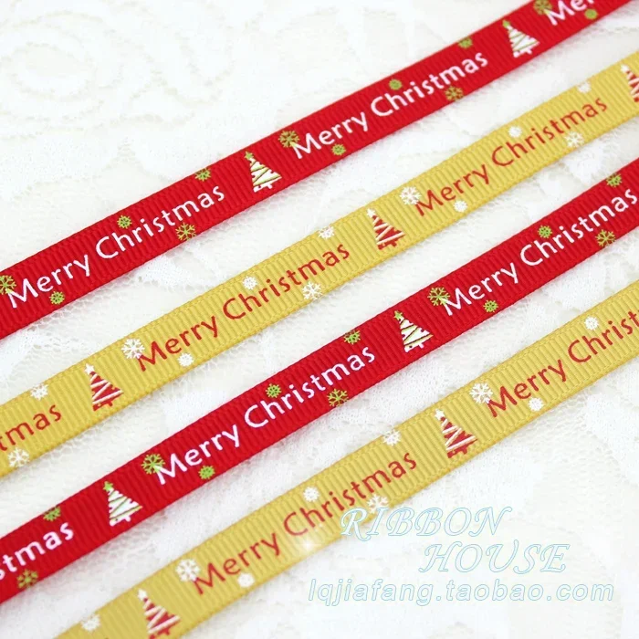 Merry Christmas Letter Printed Satin Ribbons 10mm 2 Meters Red Green Yellow Christmas Ribbon Decorative Gift Packing Crafts