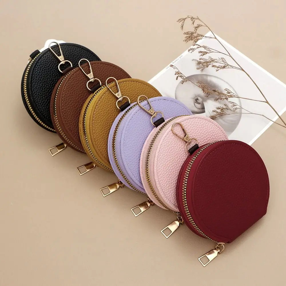 Korean Style Women Round Wallet PU Leather Card Holder Bag Zipper Coin Purse Women Girl Solid Color Money Bag with Chain Fashion