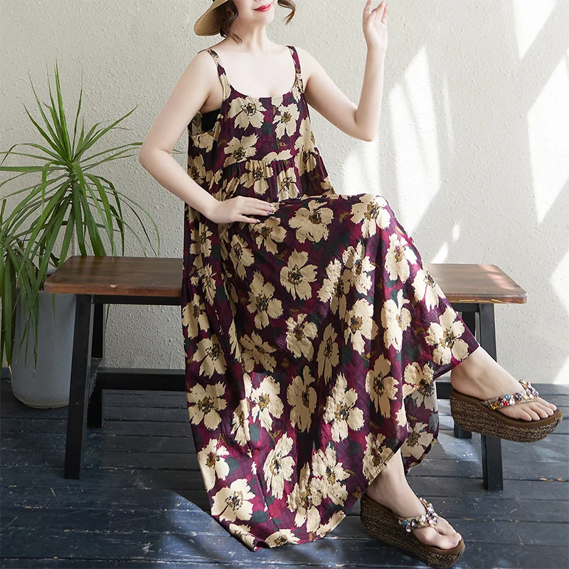 Summer New Cotton Linen Print Thin Splicing Long Dr Strapl Loose Slimming Cake Skirt High Waist Commute Sle Maxi Dr