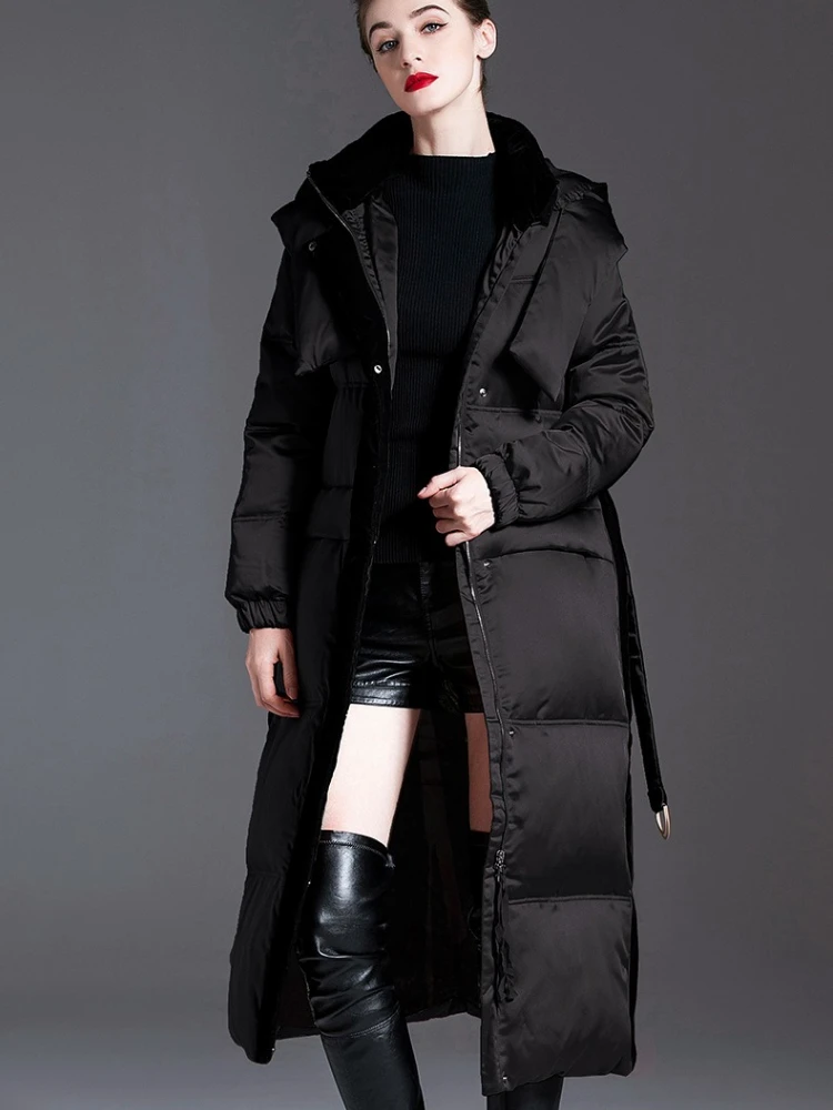 Luxury High-quality Slim Down Jacket Belt Patchwork White Duck Down Trench Coat Winter Warm Women's Clothing Windproof Outerwear