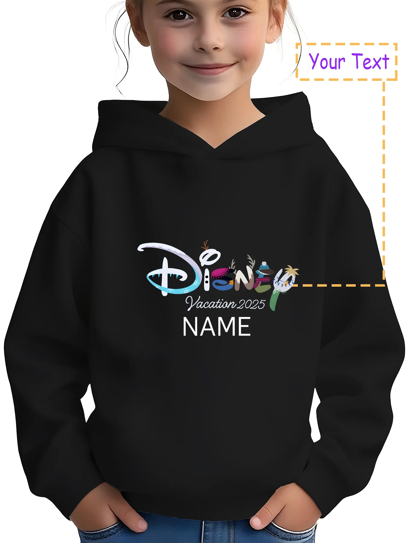 

MINISO Disney Vacation 2025 Hoodie - "Disney Vacation 2025" theme, incorporating snow and tropical elements, a must-have for fam